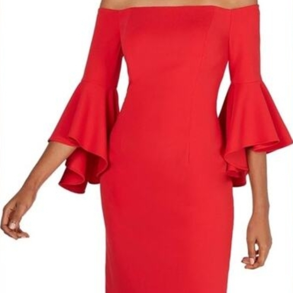 Calvin Klein Red Off-Shoulder Long Sleeve Dress Sz 6